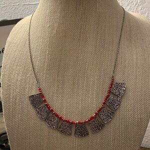 Plunder Red Bead and Textured Silver Panel Bib Necklace